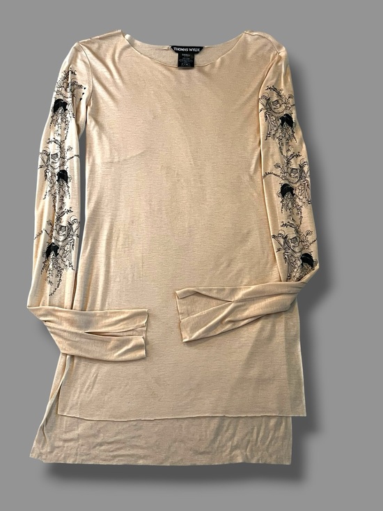 Thomas Wylde Tops - Thomas Wylde Knit Top Small Skeleton Print Sheer FLAW Beige Grunge Punk Moto
